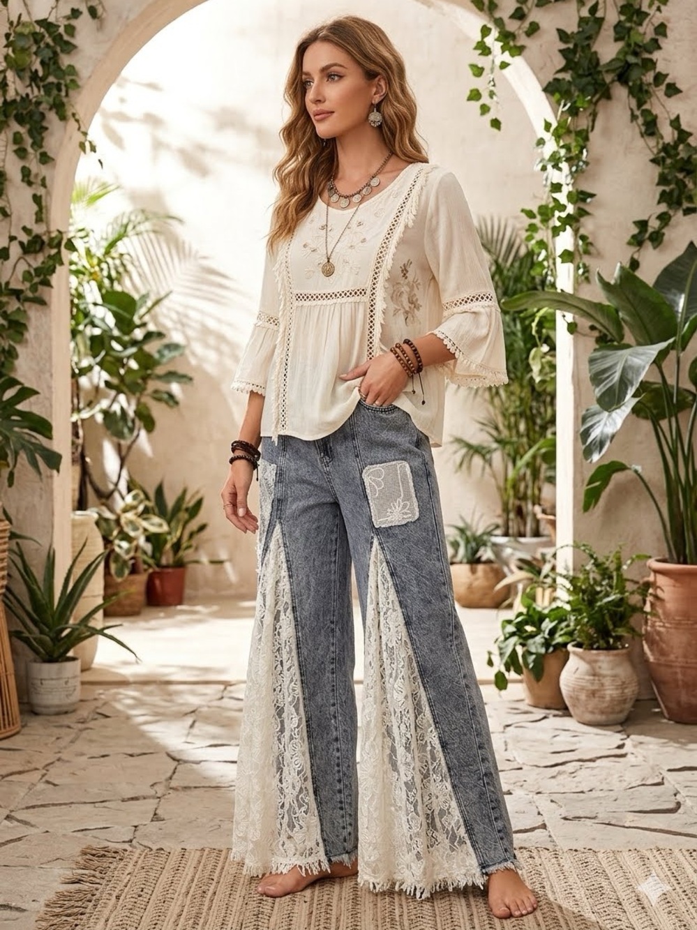 Bohemian Lace-Panel Acid Wash Jeans - White Lace